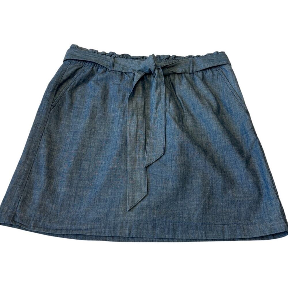 J.Crew Women's Skirt Chambray Paperbag  Sz L Blue Pockets Lined Belted‎ Preppy